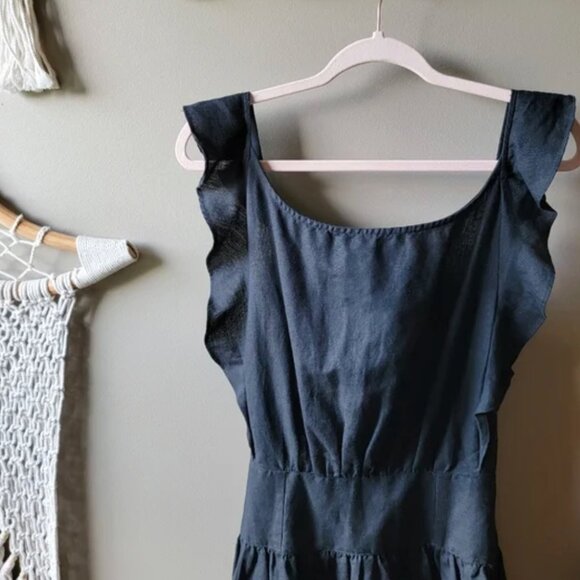 Free People Erin Linen Mini Dress Black Large Ruffle Back Bow Boho Cottagecore - Picture 12 of 16